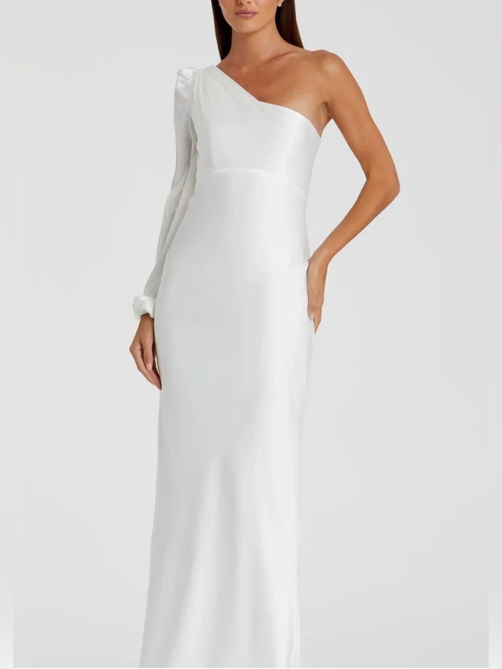 Mac Duggal White One-Shoulder Satin Gown with Dramatic Bishop Sleeve